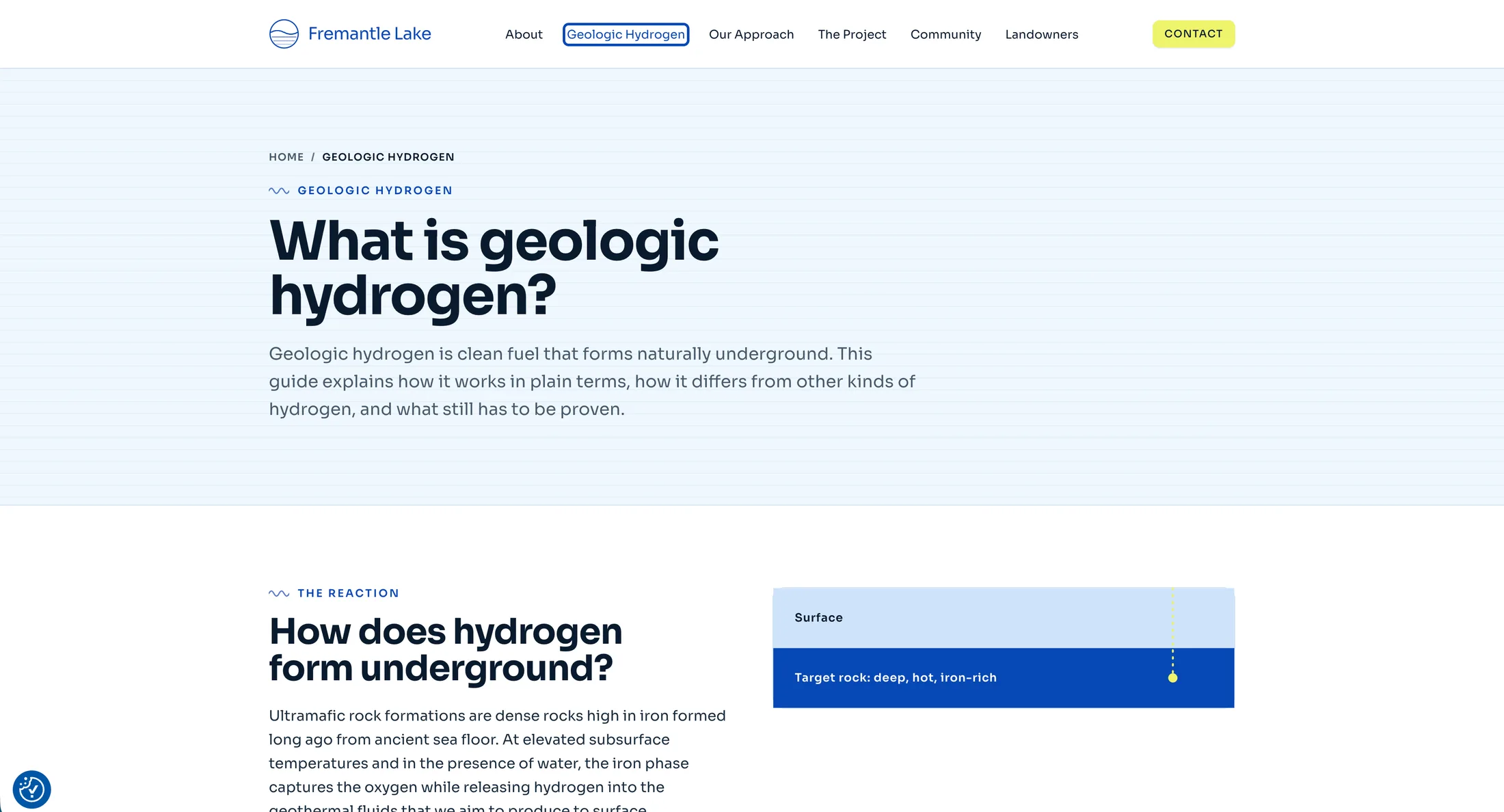 What is geologic hydrogen explainer page, opening with a plain-language definition and a question-led section on how hydrogen forms underground