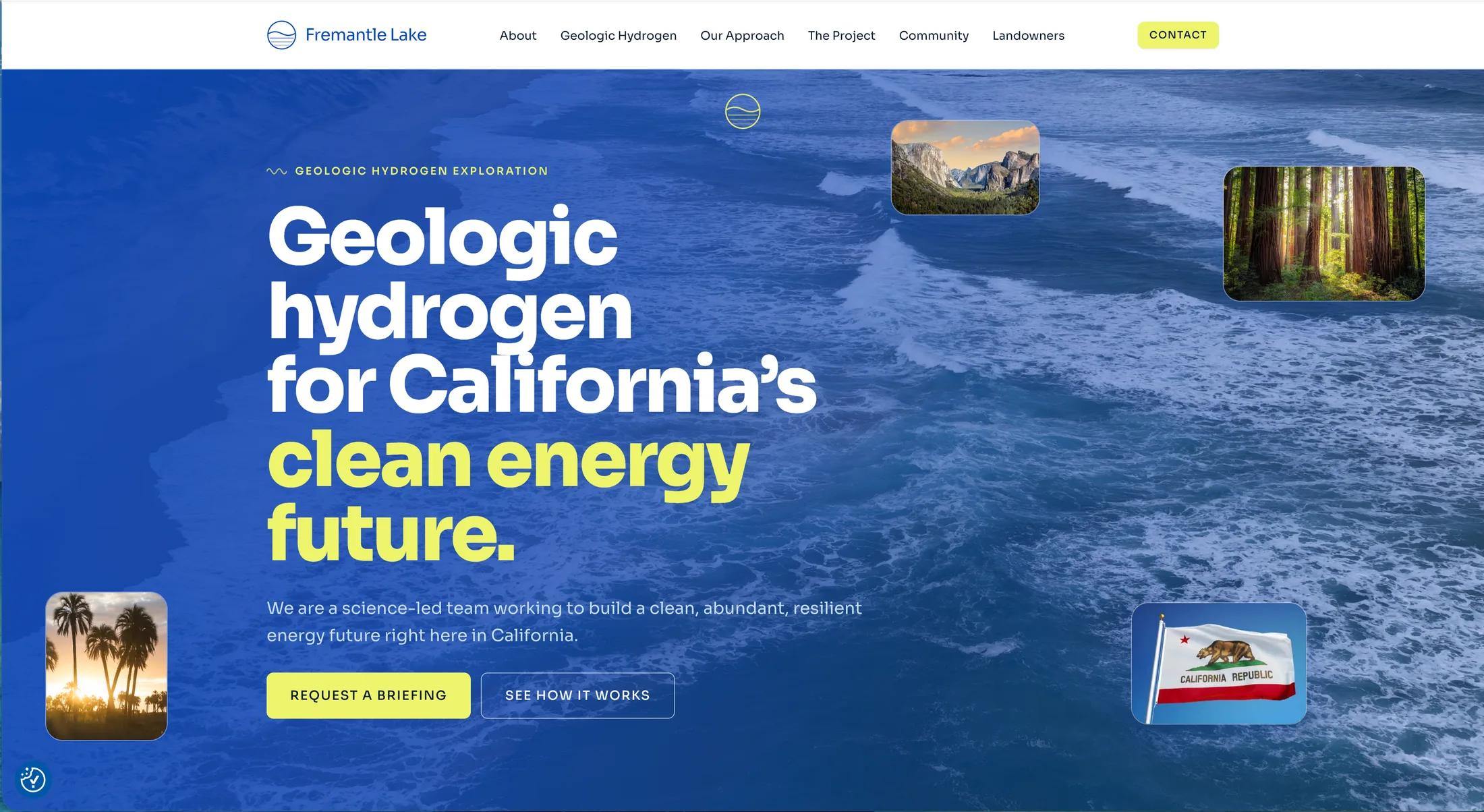 Fremantle Lake homepage hero with the headline Geologic hydrogen for California's clean energy future