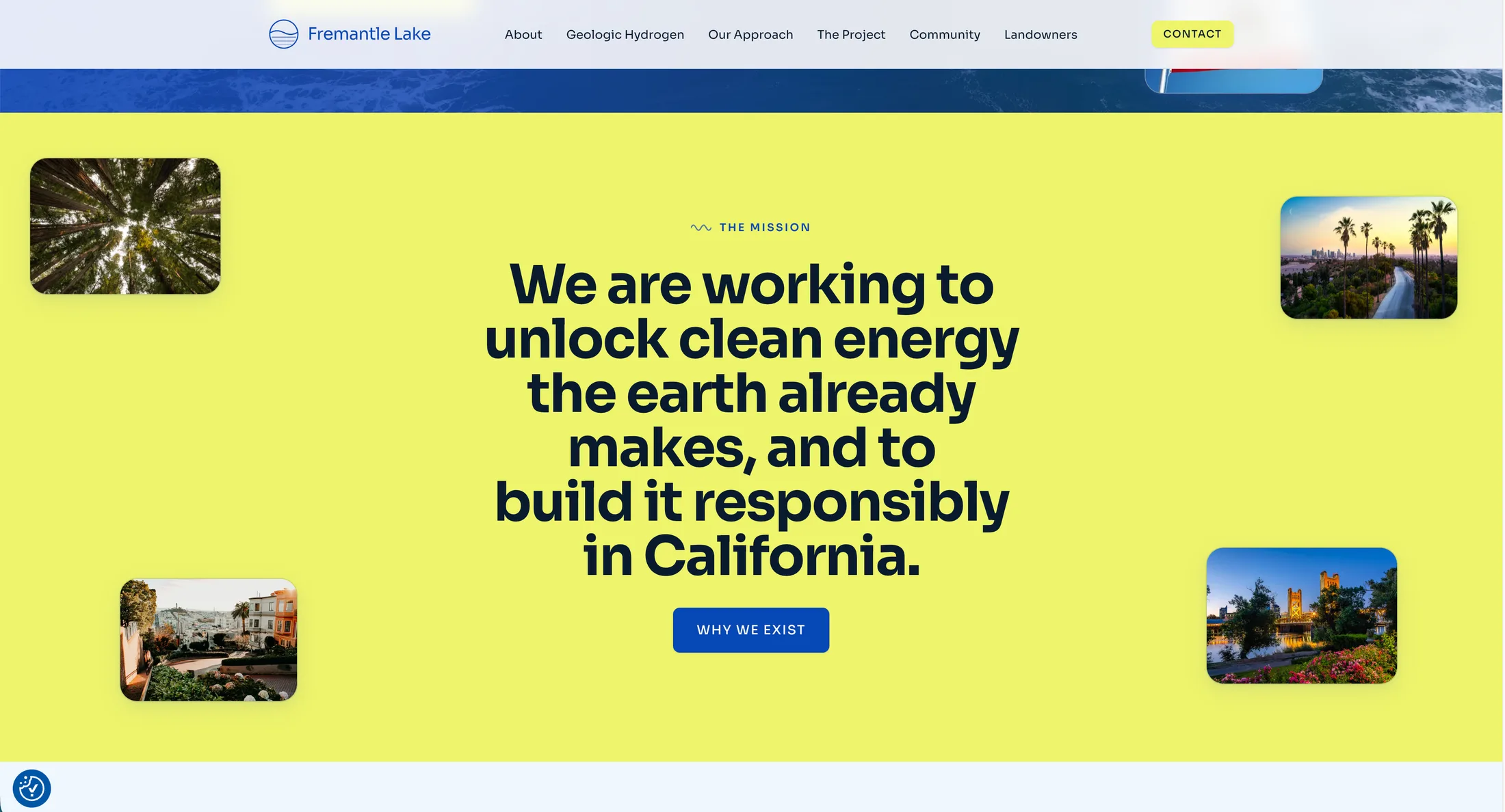 Mission section on a citron background: We are working to unlock clean energy the earth already makes, and to build it responsibly in California