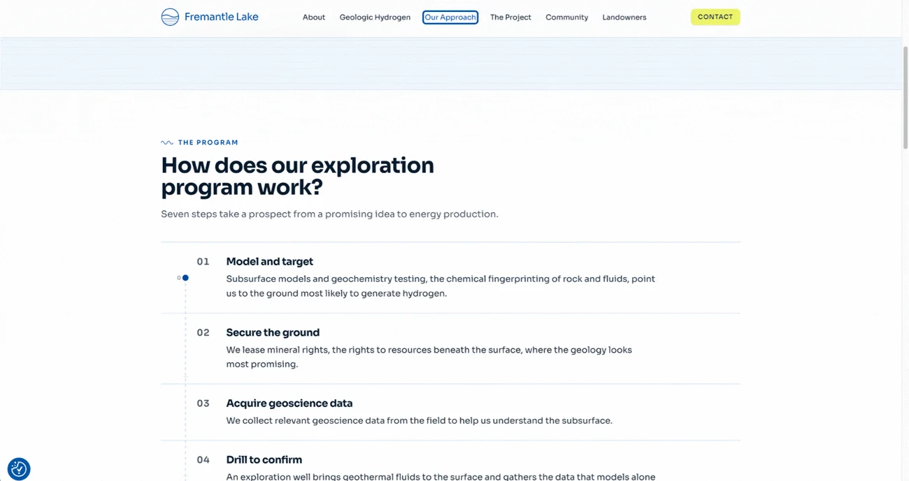 The exploration program section titled How does our exploration program work, with a depth marker resting beside step one of seven