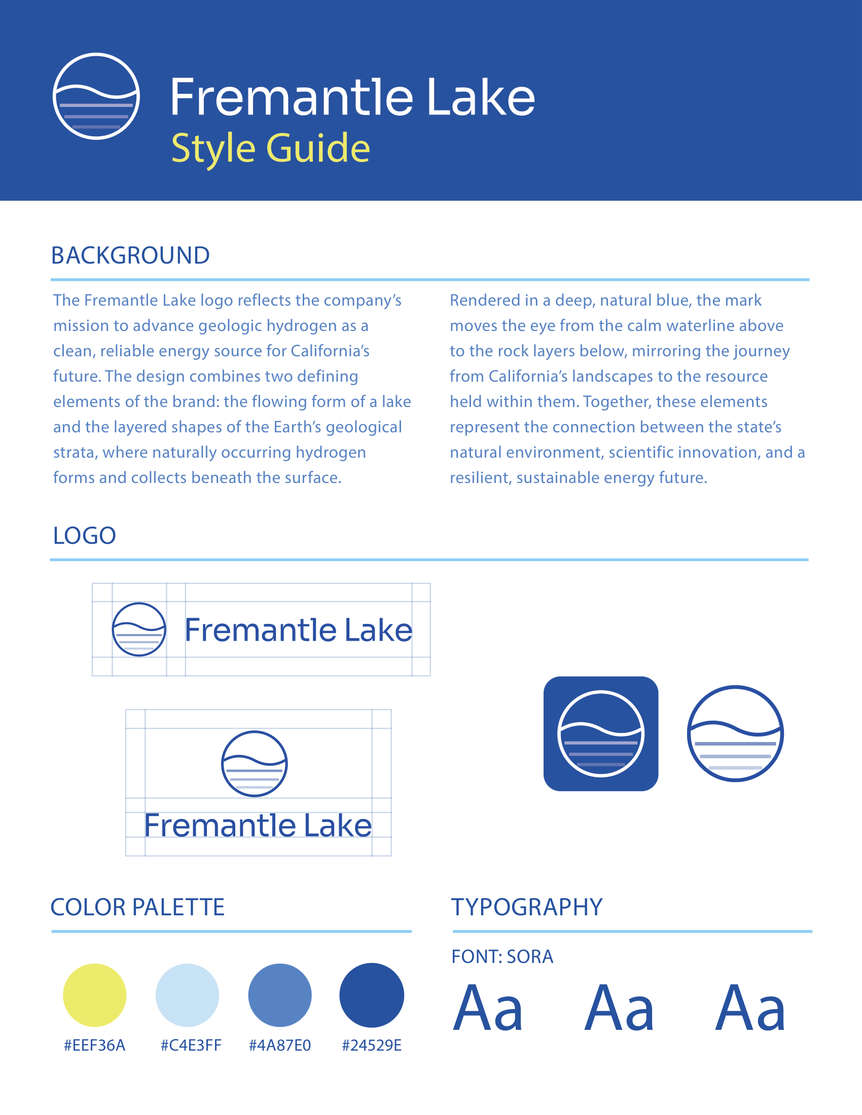 Fremantle Lake logo style guide sheet: the wave-and-strata circle mark, logo lockups, the four-color palette, and Sora typography samples