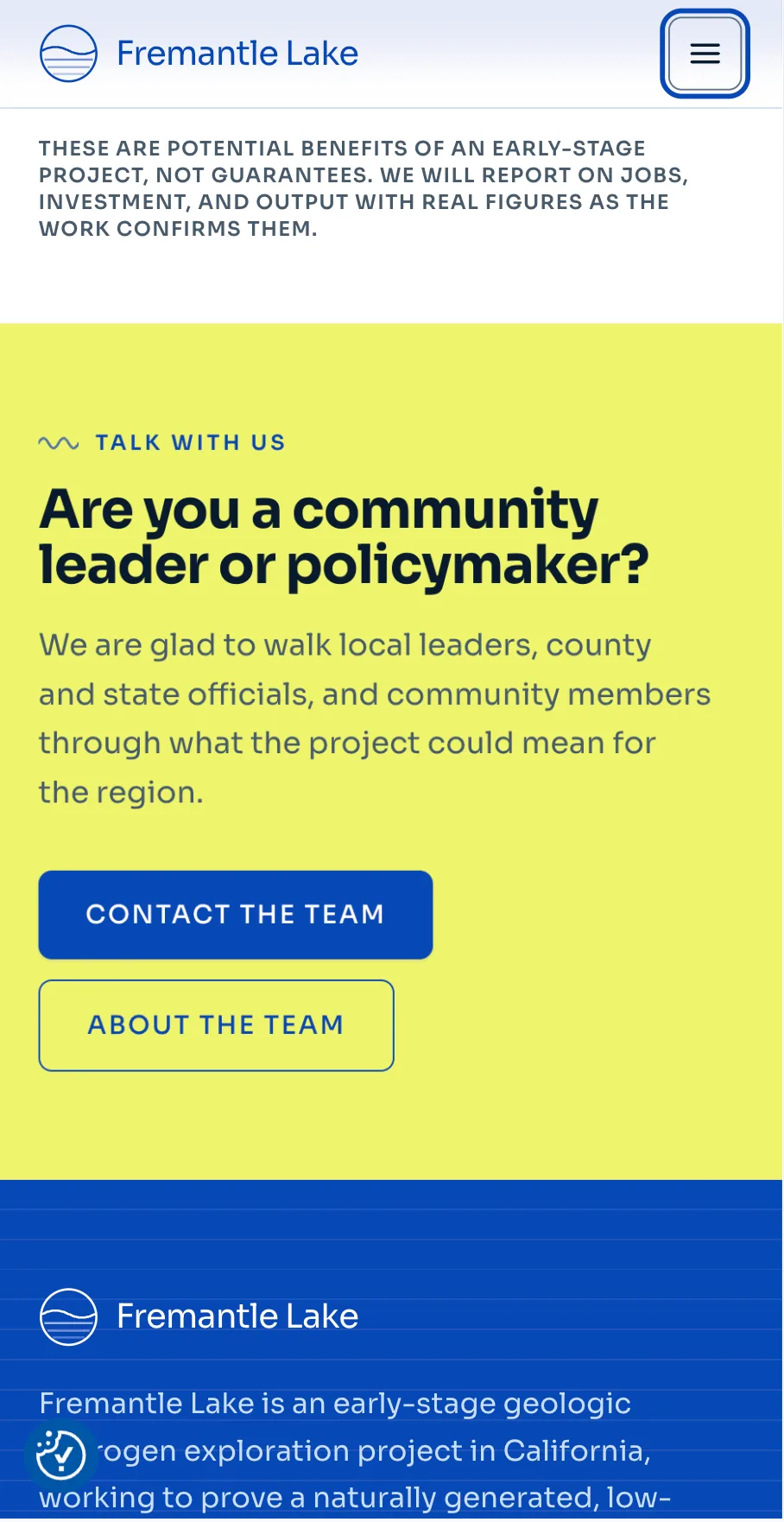 Mobile community section asking Are you a community leader or policymaker, above a disclaimer that project benefits are potential, not guaranteed