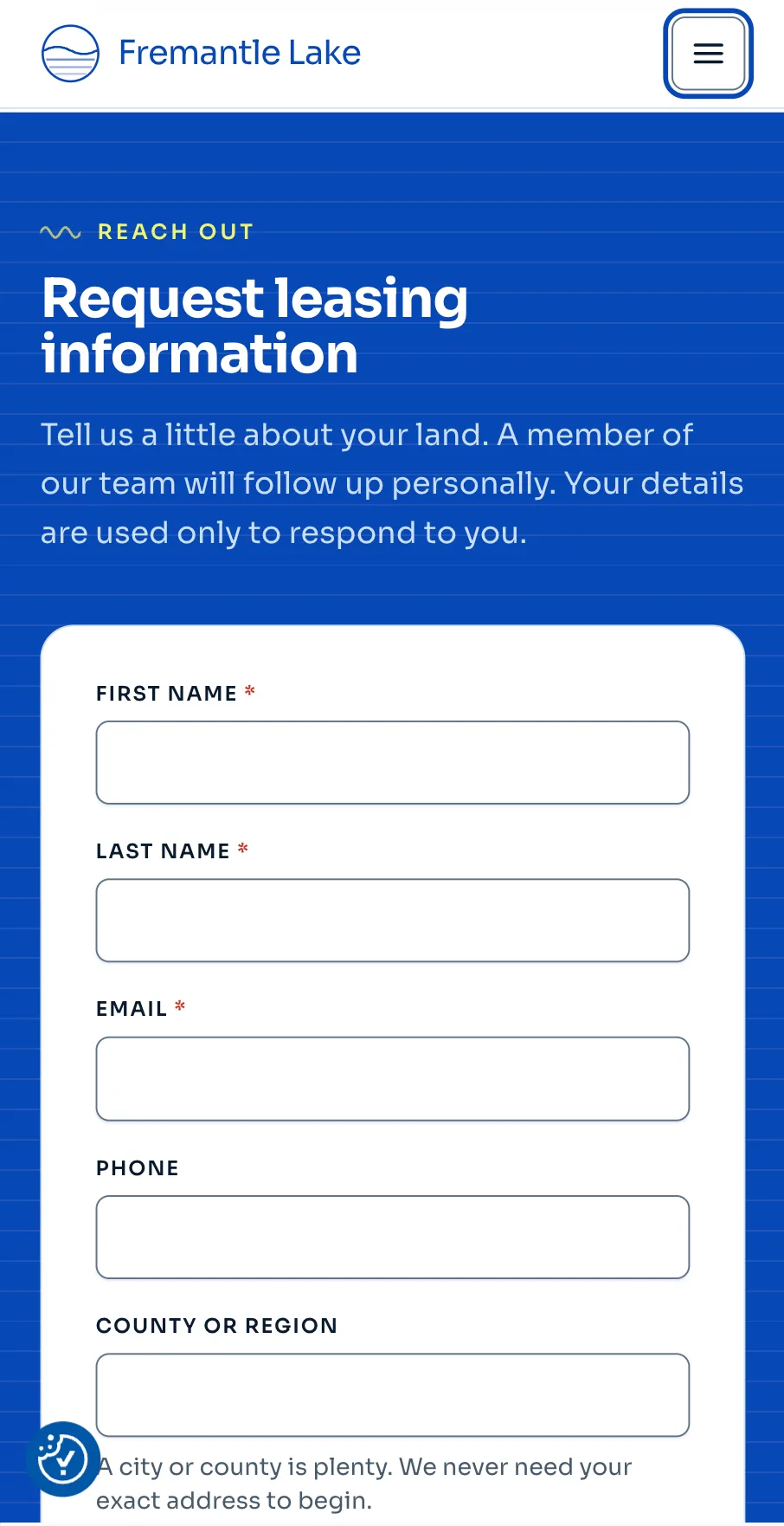 Mobile leasing form titled Request leasing information, with name, email, phone, and county fields on deep blue