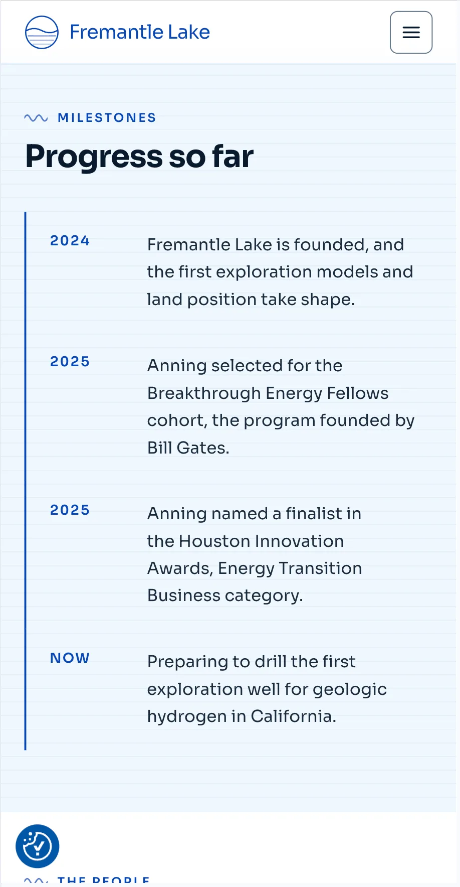 Mobile milestones timeline titled Progress so far, running from the company founding in 2024 to preparing to drill the first exploration well