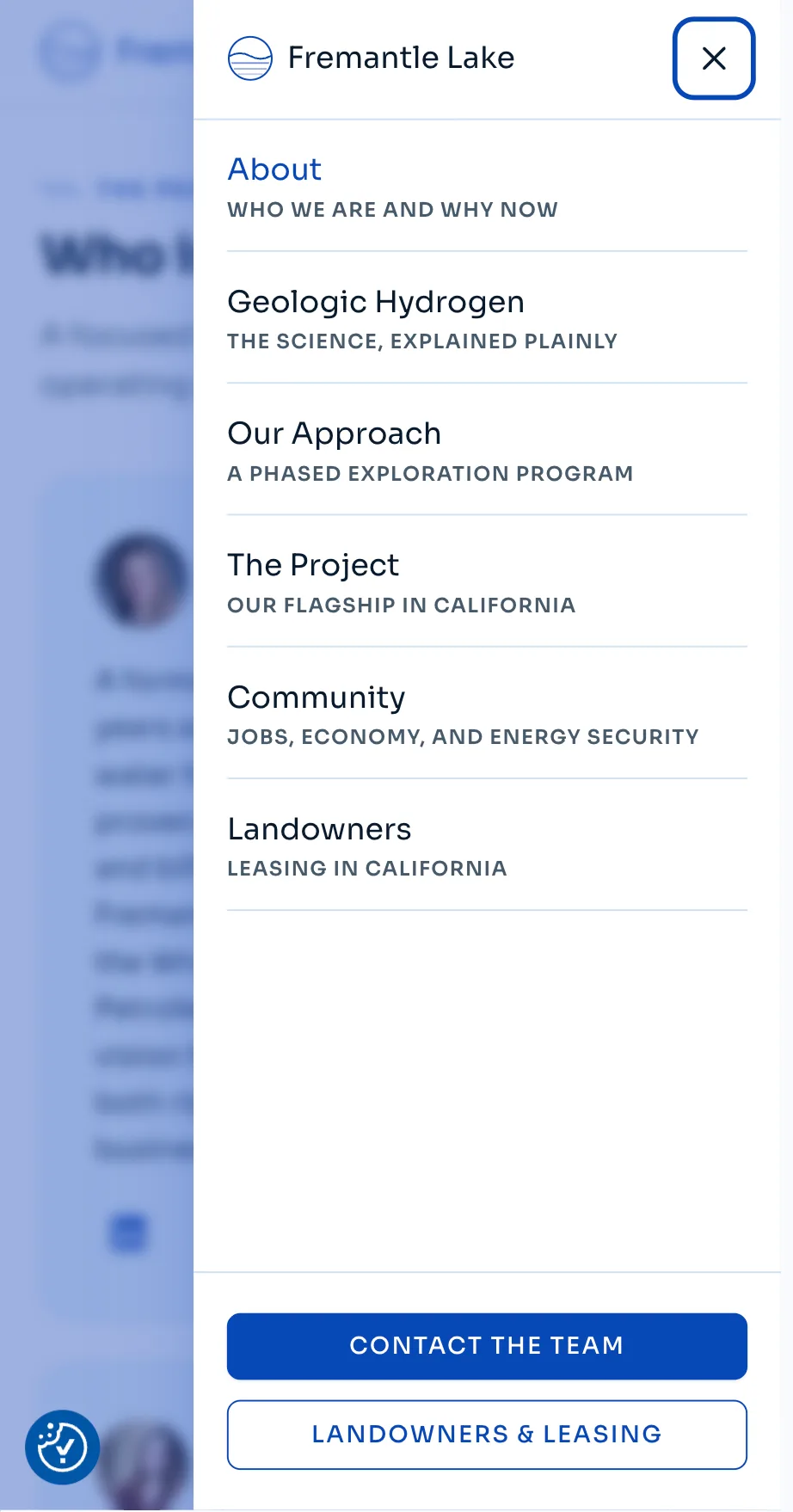 Mobile navigation menu listing About, Geologic Hydrogen, Our Approach, The Project, Community, and Landowners, each with a plain-language subtitle