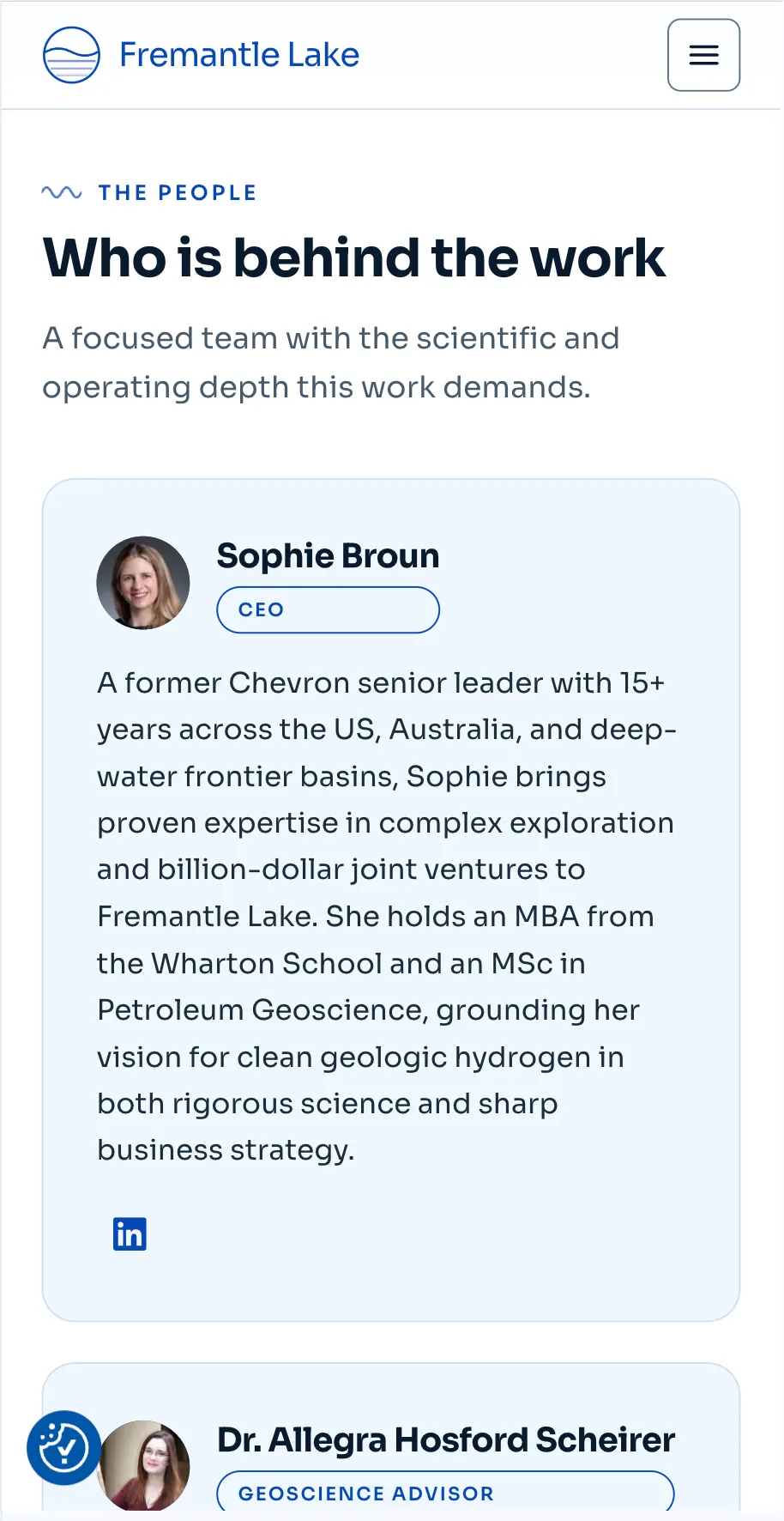 Mobile team section titled Who is behind the work, showing the chief executive's photo, biography, and LinkedIn link