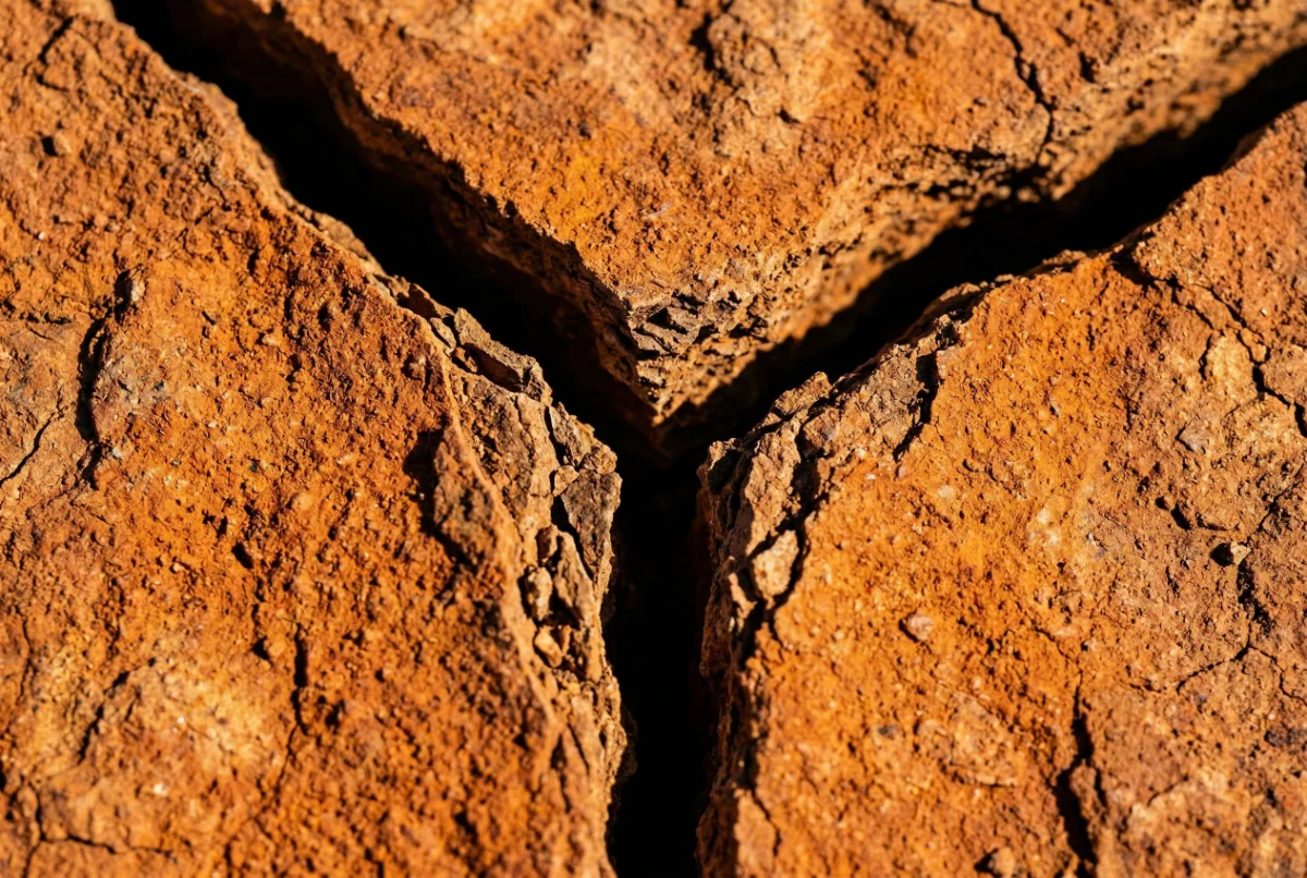 Close-up of dry orange earth split by a Y-shaped crack