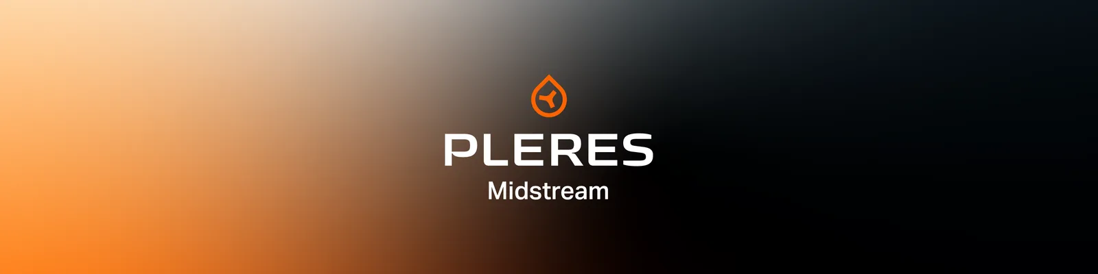 LinkedIn banner: the white Pleres Midstream stacked logo with orange mark centered on the orange-to-black brand texture