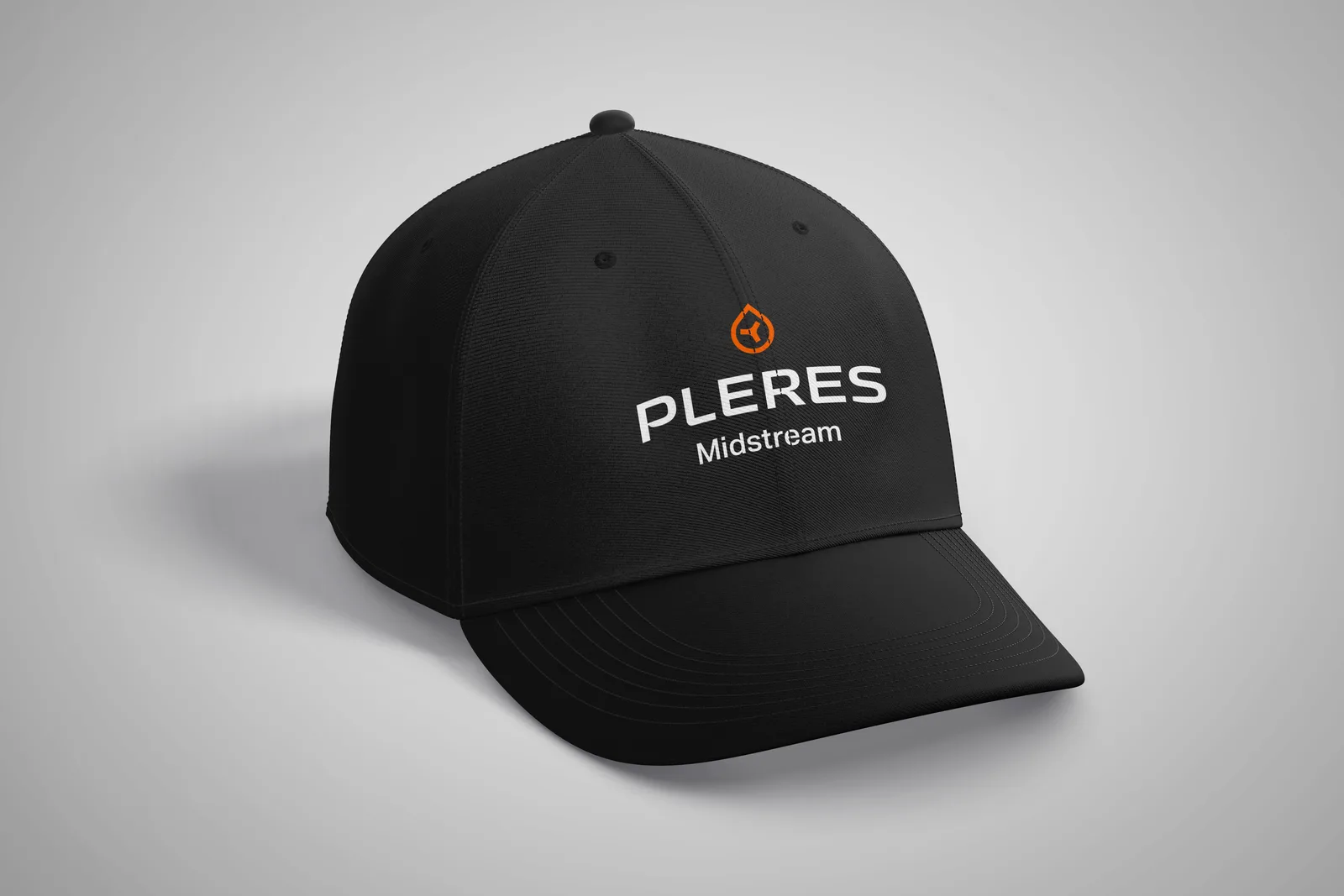 Black cap with the orange brand mark above the white Pleres Midstream stacked logo