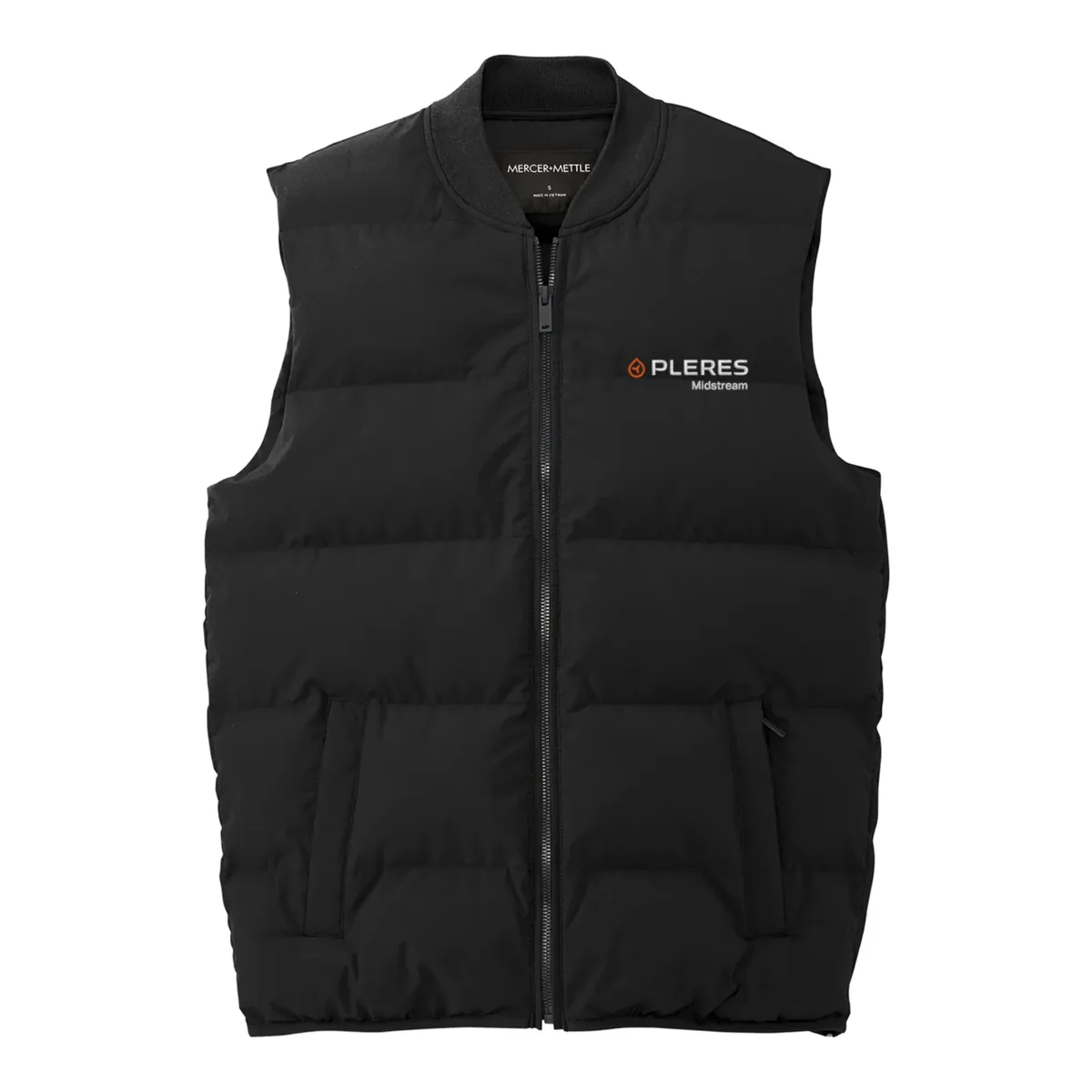 Black quilted puffer vest with the Pleres Midstream horizontal logo embroidered on the left chest