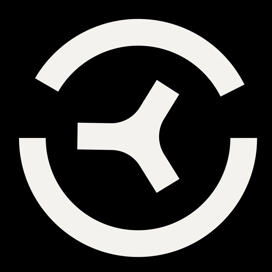 The Pleres symbol as presented: three short paths meeting at a central point, surrounded by an open arc broken at the upper left and right
