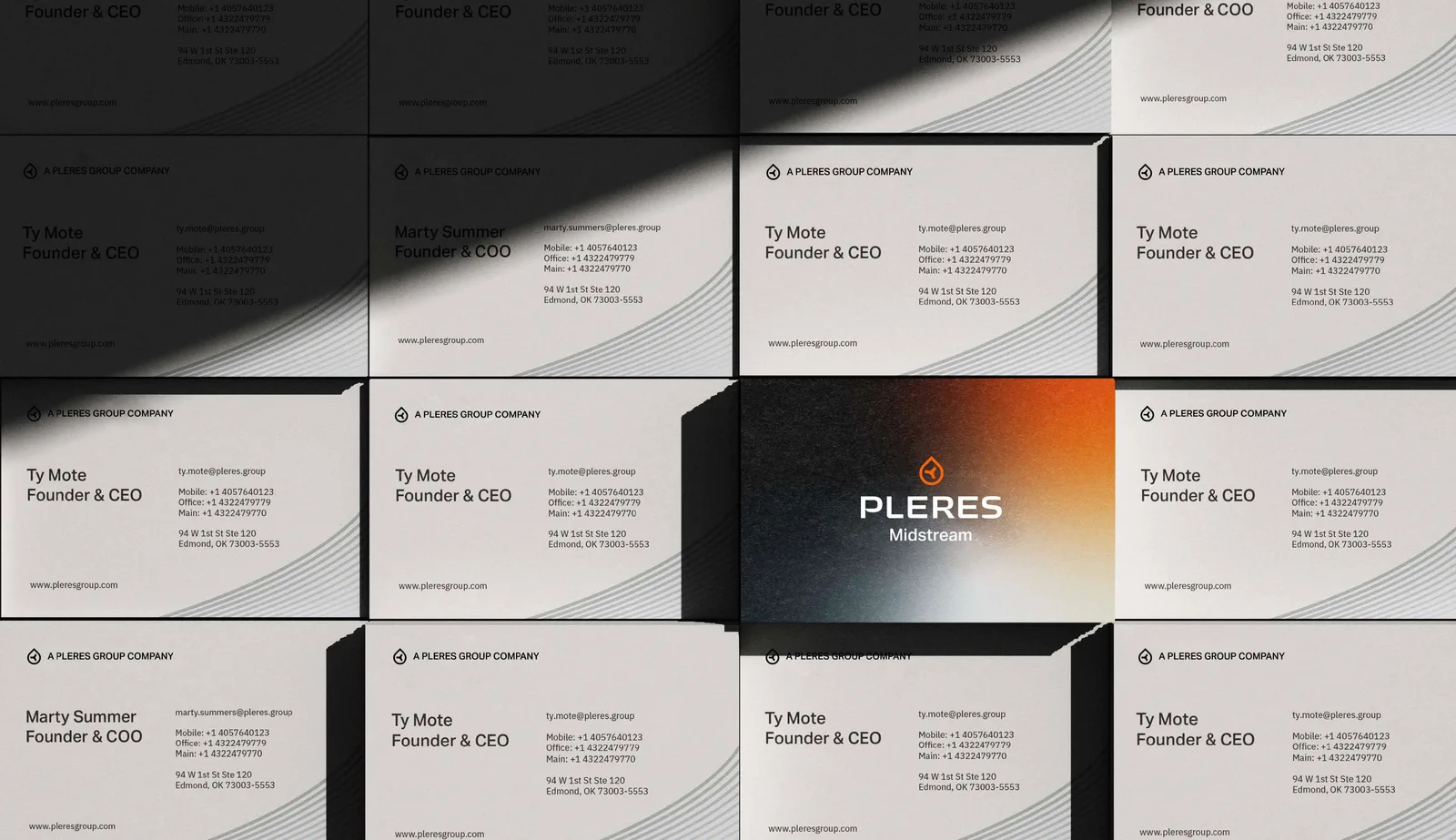 Grid of Pleres business cards in light gray and black, each carrying the curved-line graphic element along the bottom edge, with one card showing the stacked logo on the orange-to-black texture