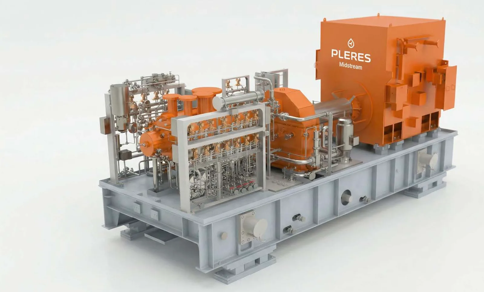 Rendered natural gas processing skid painted Orange Heat, with the white Pleres Midstream stacked logo on the compressor housing