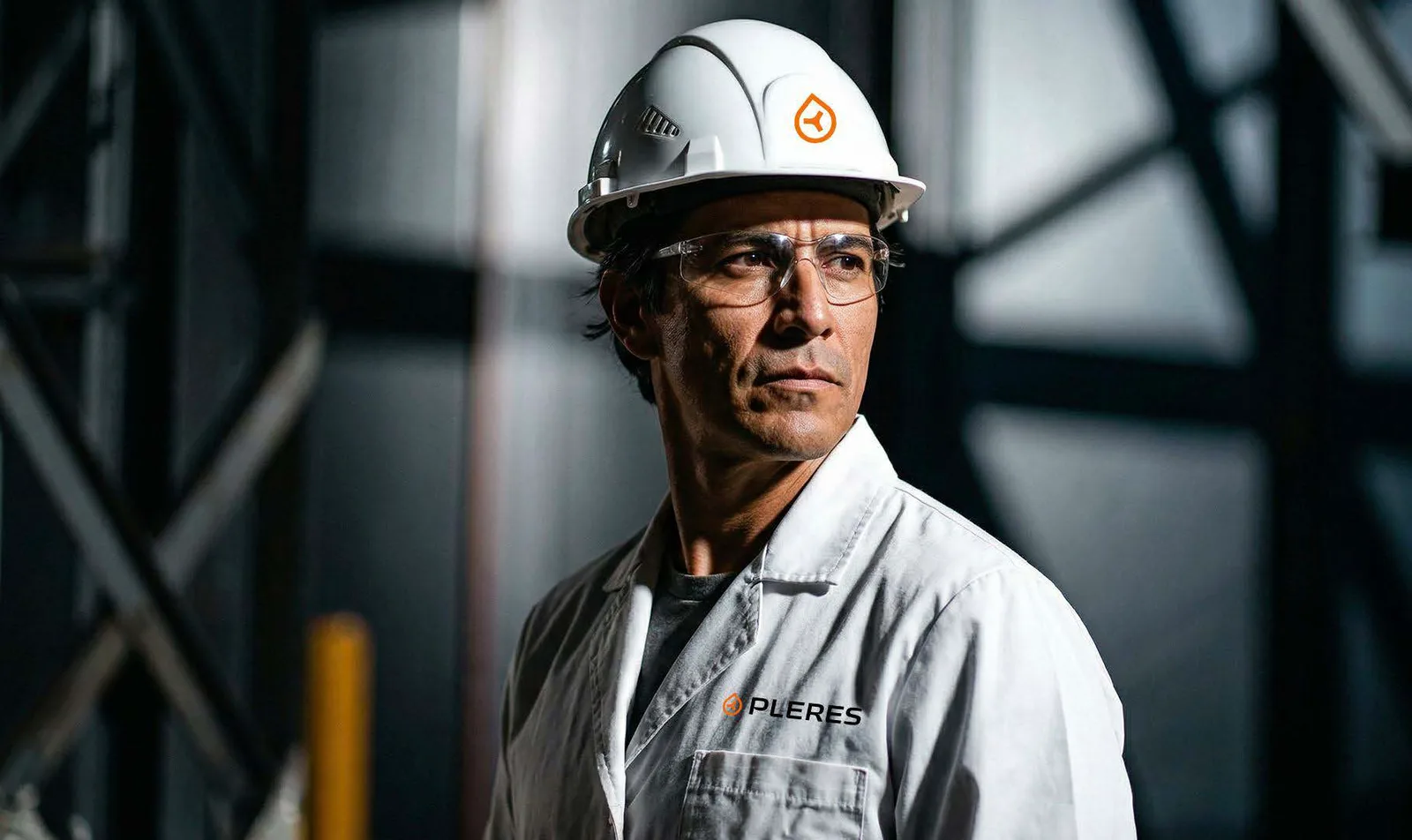 Worker in a white hard hat and white coveralls, the orange brand mark on the helmet and the Pleres logo on the chest pocket