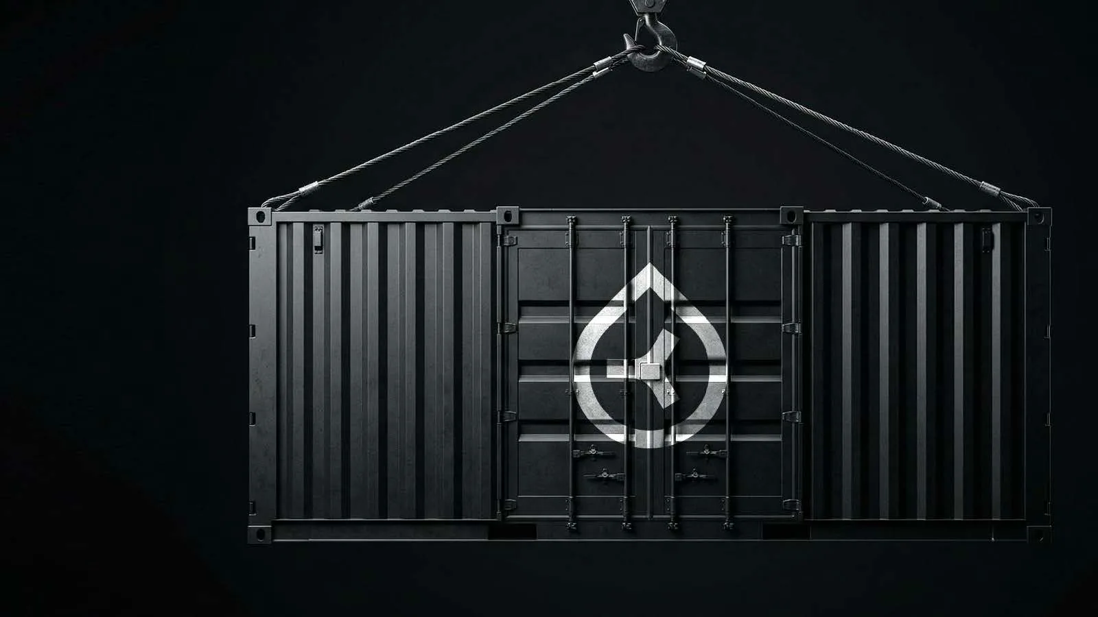 Black shipping container hanging from crane cables with the brand mark painted large in white across the doors