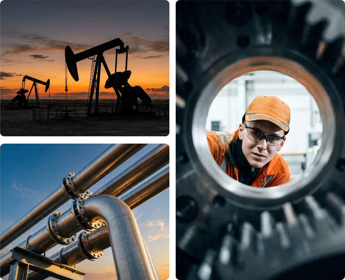 Photographic style board: pumpjacks silhouetted against an orange sunset, steel pipes against a blue sky, and a technician in orange seen through a machine opening