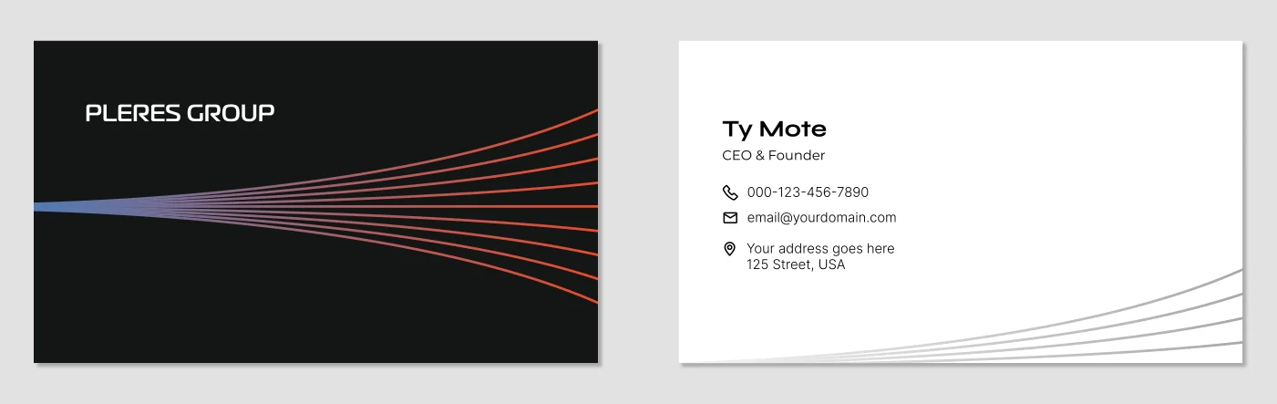 Flux styleframe business card: a black card with Pleres Group in a wide geometric wordmark and a fan of orange-to-blue lines sweeping across it, beside a white card with Ty Mote, CEO and Founder, and thin gray lines along the bottom edge