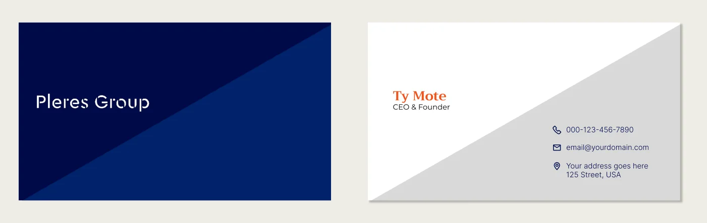 Two Worlds styleframe business card: a navy card split diagonally into two blues with a light Pleres Group wordmark, beside a white card split diagonally with a gray triangle and Ty Mote in orange