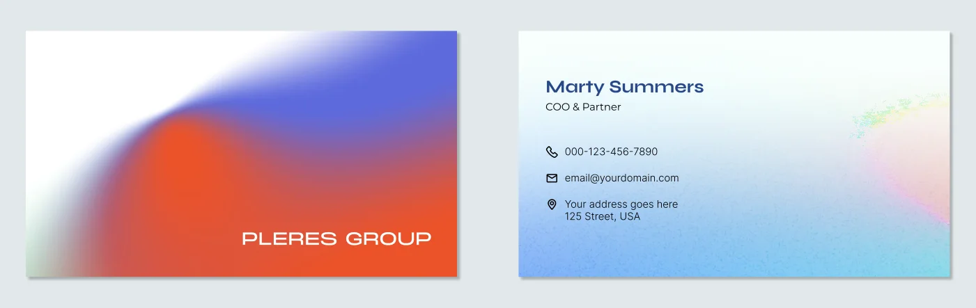 Engineering the Invisible styleframe business card: a card with a soft orange and blue gradient bloom and Pleres Group in white, beside a pale card with Marty Summers, COO and Partner, in blue