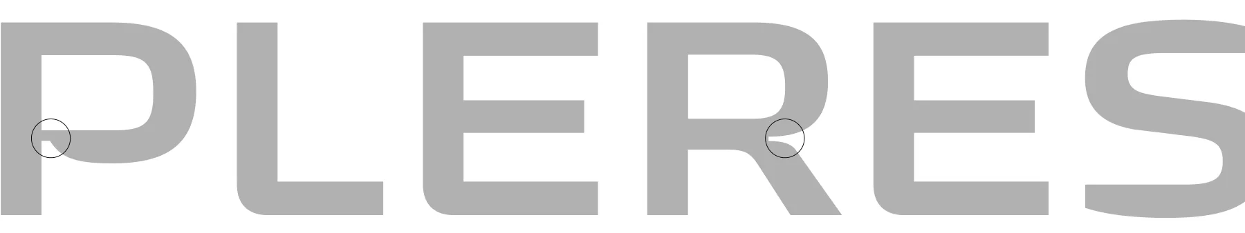 The word PLERES set large in gray, with two small circles marking the junction of the P and the R where a vertical stem meets a curve and splits