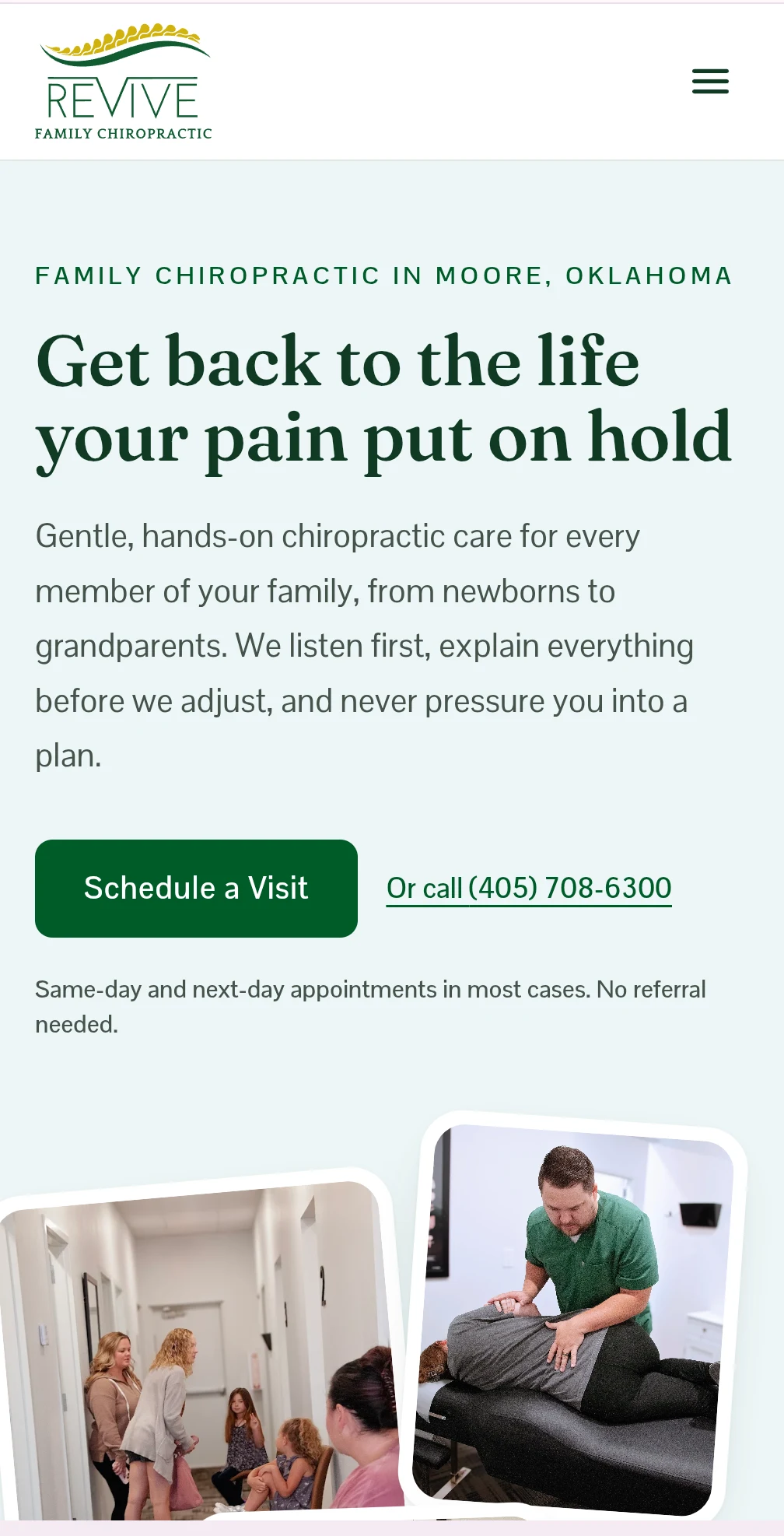 Revive homepage hero on mobile: the headline Get back to the life your pain put on hold, a Schedule a Visit button beside a phone number, and photos of the office hallway and Dr. Edwards adjusting a patient