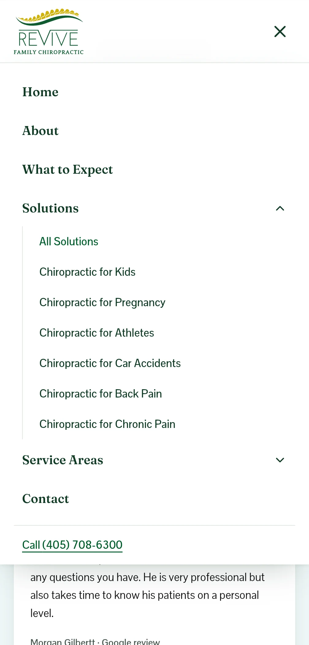 Mobile navigation menu listing Home, About, What to Expect, a Solutions group with pages for kids, pregnancy, athletes, car accidents, back pain, and chronic pain, plus Service Areas and a call link