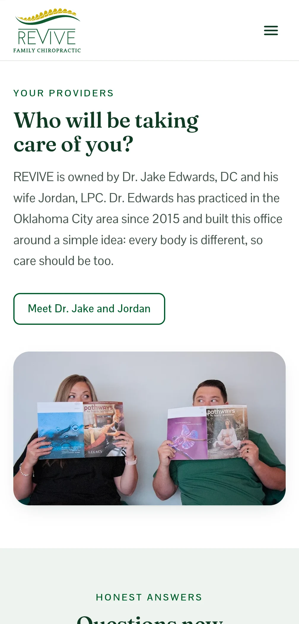 Providers section asking Who will be taking care of you, introducing Dr. Jake Edwards, DC and Jordan, LPC above a playful photo of the couple hiding behind wellness magazines