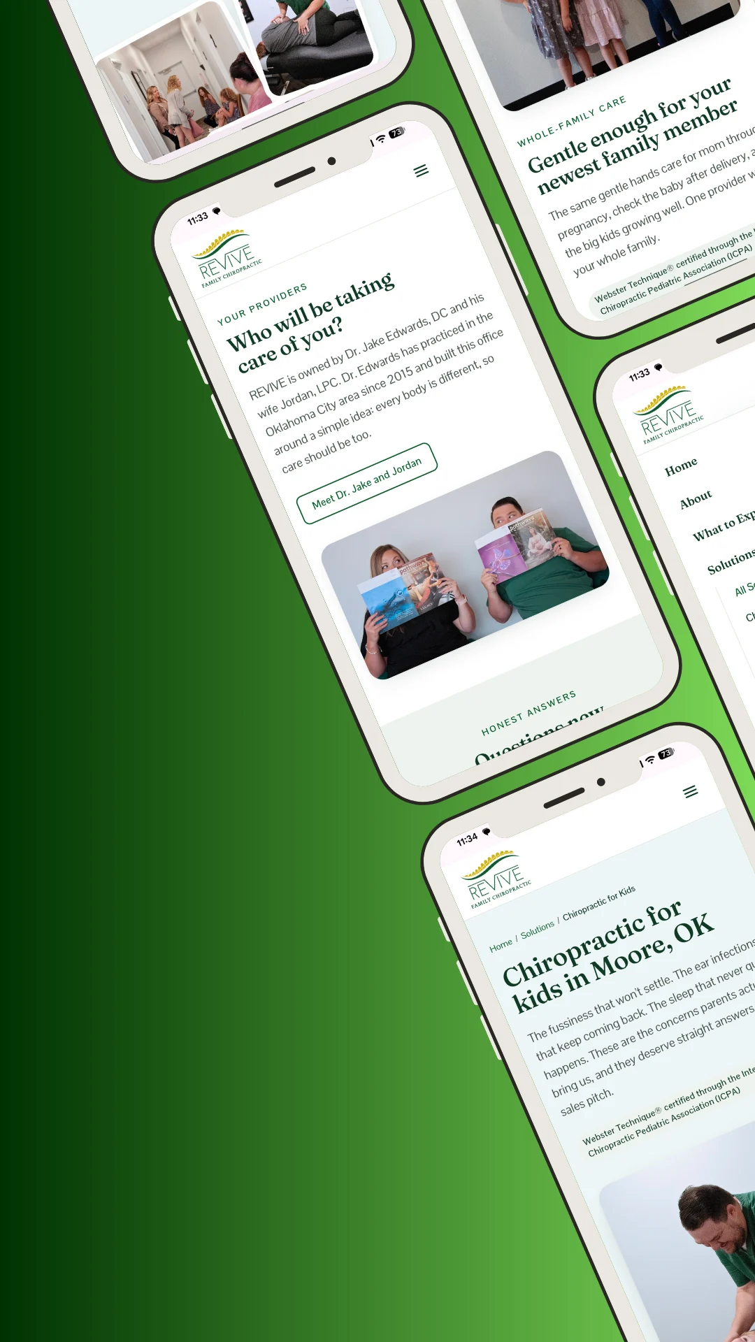 Collage of Revive Family Chiropractic mobile screens on a green background, showing the providers page, whole-family care section, and chiropractic for kids page
